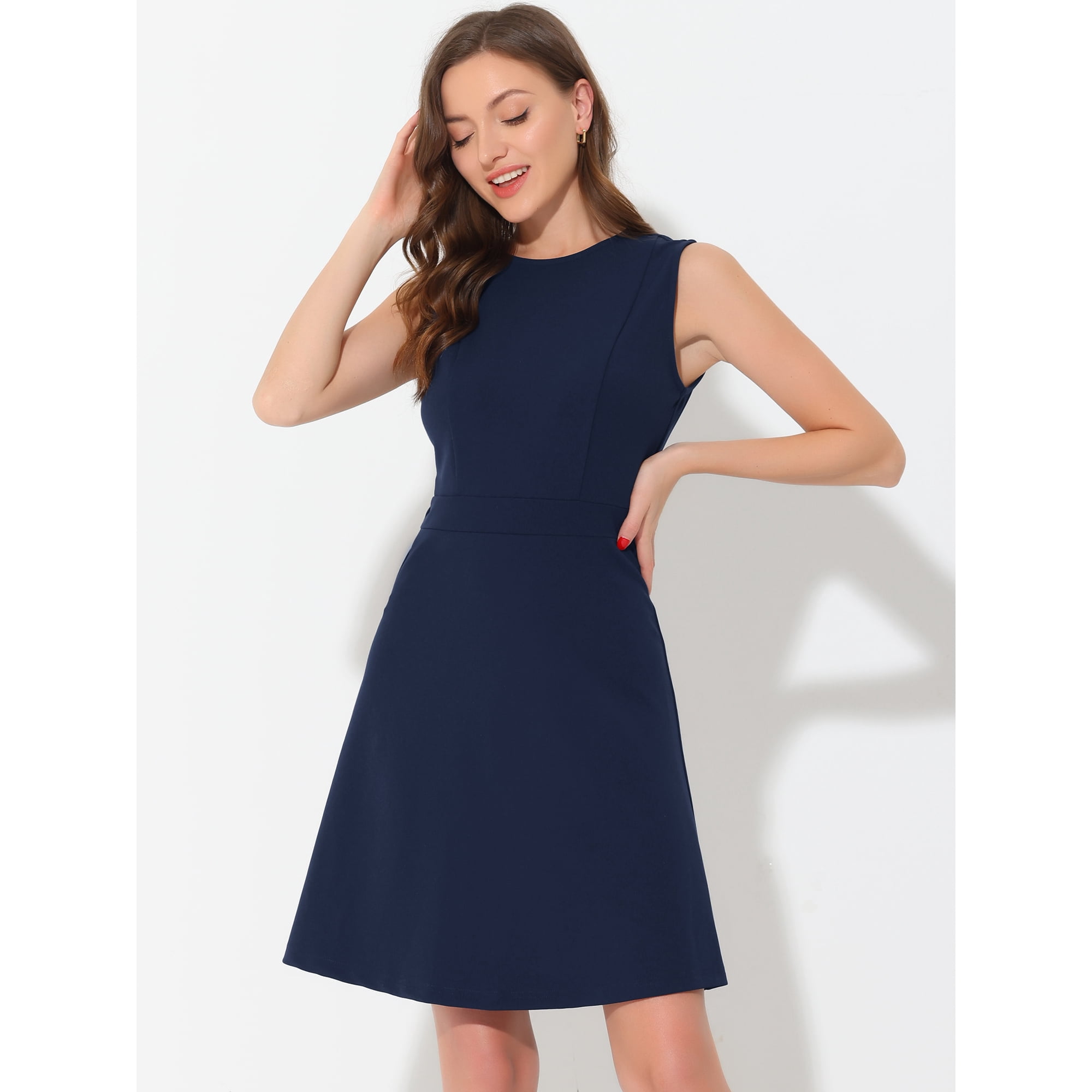 Unique Bargains Robe de Travail Femme Col Rond Couleur Unie Sans Manches Ajustee et Evasee Grande Bleu Fonce Walmart