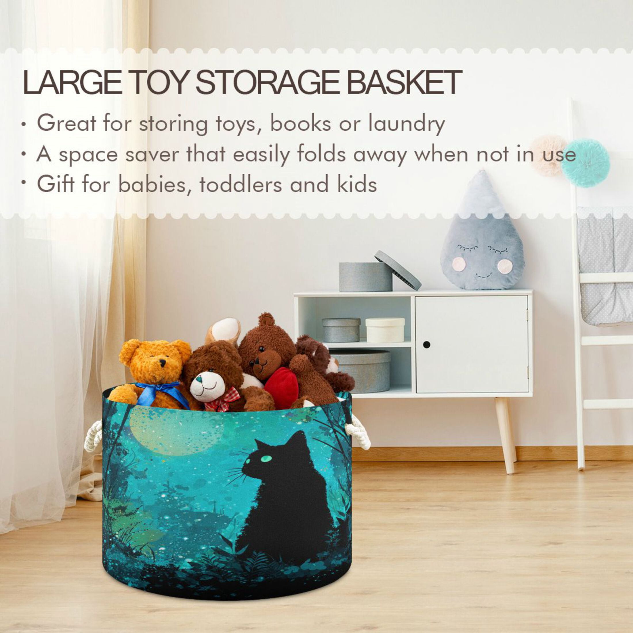 Round Toy Storage Basket Foldable Storage Basket for Home Decor Laundry Basket20" x 14" Magic Black Cat