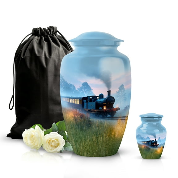 SABURIAL Train Urn - Decorative Funeral Urns for Mom & Dad Ash - Large Burial Urn for Human Ashes - Beautiful Cremation Urns for Adult Men Ash - Combo - 10 Inch Large & 3 Inch