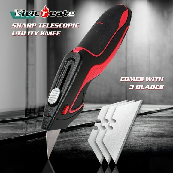 Vivicreate Ergonomic Utility Knife Set | Retractable Box Cutter with Rubber Handle | For Cutting Cardboard, Carpet & Plastic | Blade Storage in Handle | Includes 3 Extra Blades