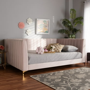 Baxton Studio Oksana Modern Contemporary Glam and Luxe Light Pink Velvet Fabric Upholstered and Gold Finished Full Daybed