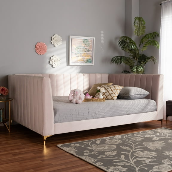 Baxton Studio Oksana Modern Contemporary Glam and Luxe Light Pink Velvet Fabric Upholstered and Gold Finished Queen Daybed