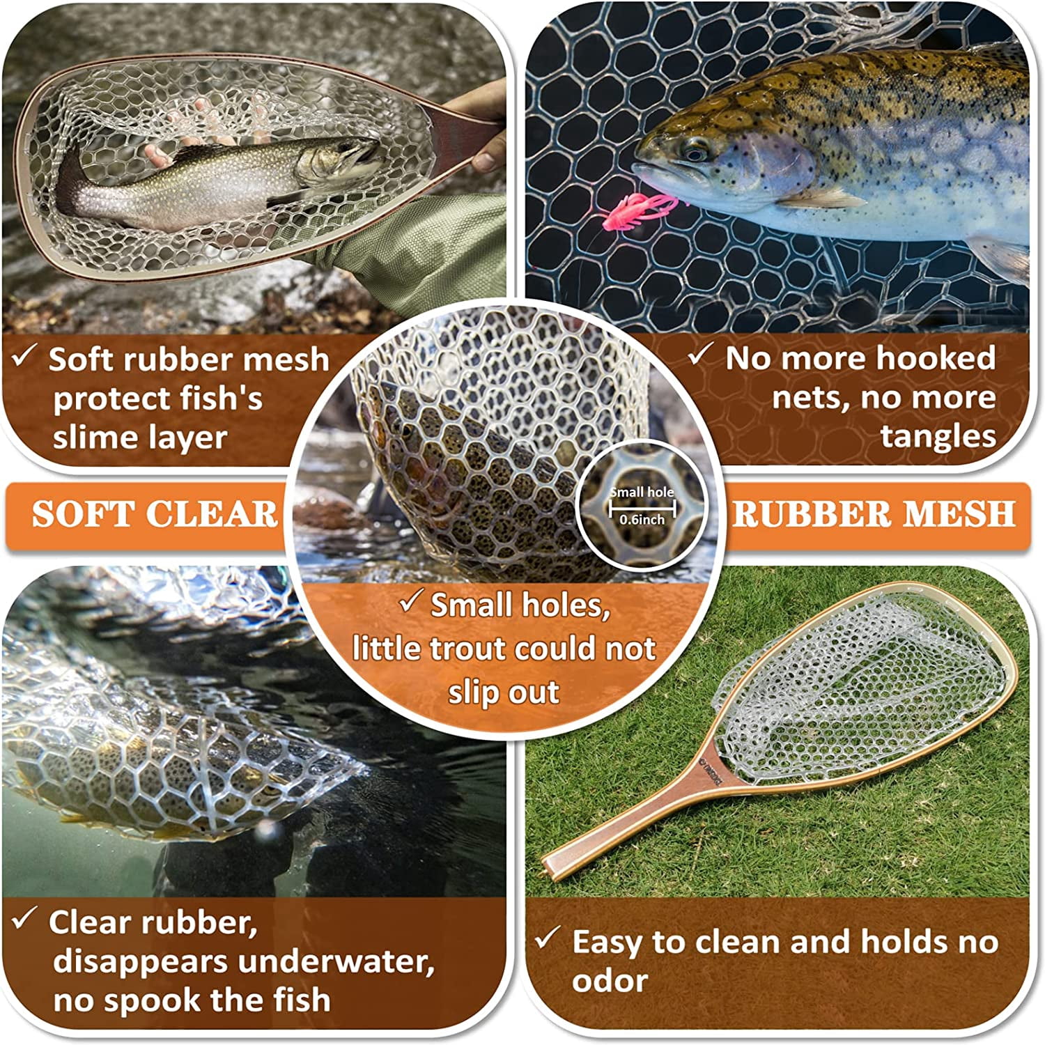 Fly Fishing Net Trout Net with Magnetic Release and Rod Holder Wooden Frame Landing Net with Soft Rubber Mesh for Catch and Release (Clear Small Holes)