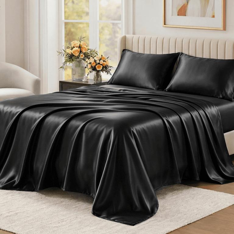 Vccoem Satin Sheets Set, Queen Size, 4 Pieces, Black photo 2
