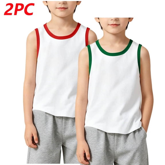 Boys White Cotton Athletic Tank Tops 2 Pack, Crew Neck Contrast Trim Sleeveless Casual Vest for Kids 2-12Y,Size 4-5 T