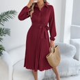 thumbnail image 3 of Women's Dress Long Sleeve Lapel Collar Solid Color Waist Defining Pleated Skirt Midi Dress for Spring Fall,Wine,M, 3 of 8