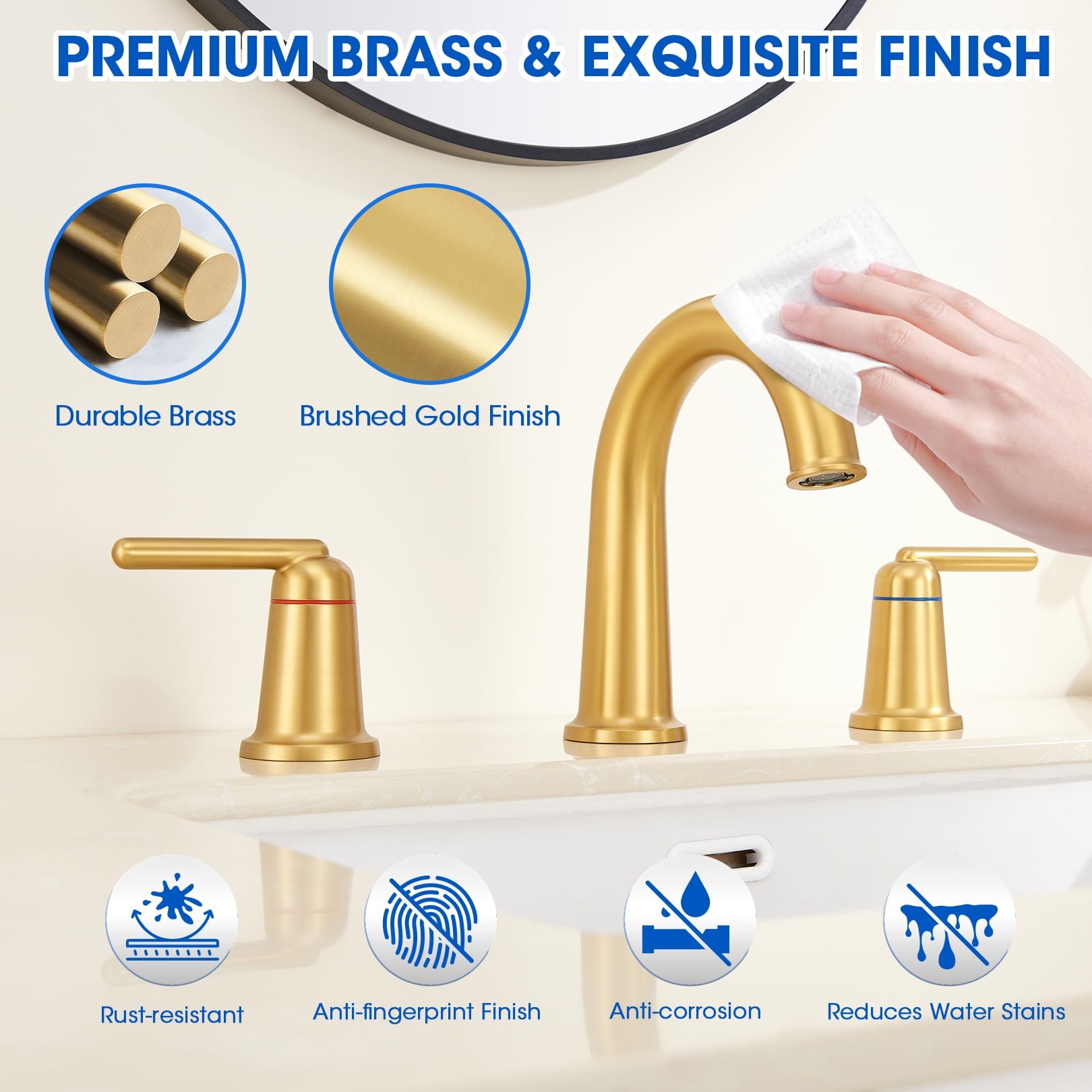 Wowkk Sanitary Ware Brass Bathroom Sink Faucet 2 Handles Widespread Bathroom Faucet 3 Hole, Pop-Up Drain and cUPC Supply Lines Included, Basin Faucets for Vanity Rv Restroom, Brushed Gold