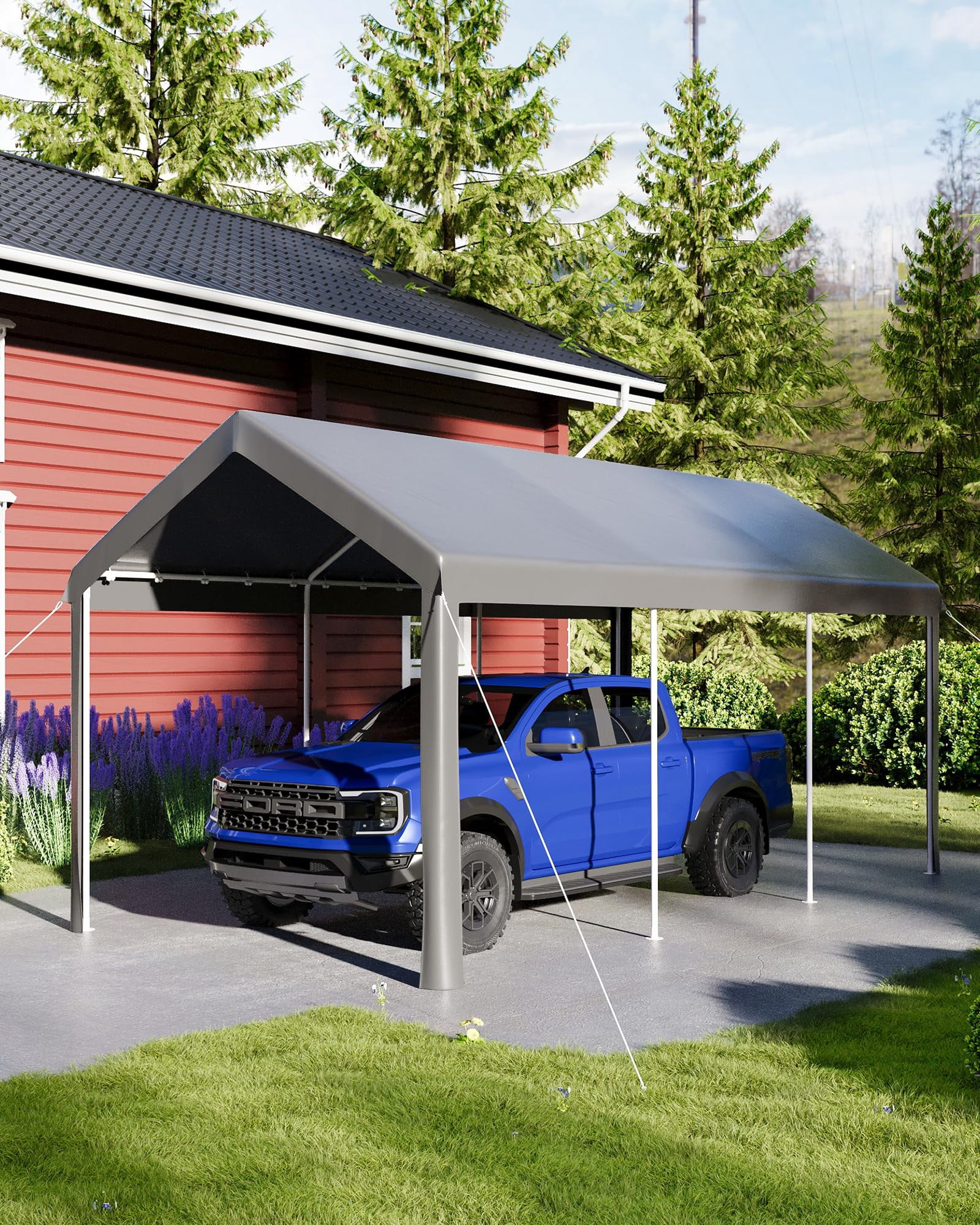 10X20 FT Carport Canopy, Portable Car Tent Garage with Roll-Up Door, All-Season Tarp Cover, Removable Side Walls, Outdoor Storage Shed,Grey