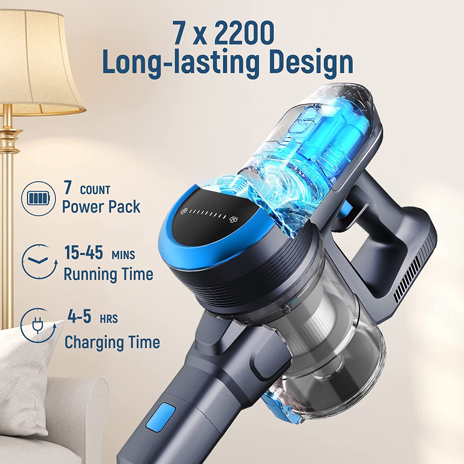 Fabuletta Cordless Vacuum 24Kpa, 6-in-1 Lightweight Stick Vacuum Cleaner ,FSV001 Blue - image 3 of 11
