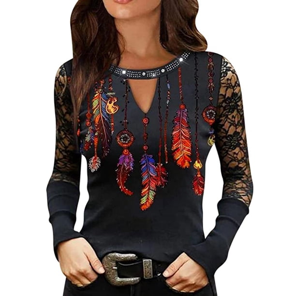 Moda mujer Casaul estampado manga larga encaje ahueca hacia fuera diamantes de imitación camiseta Tops Fridja hkj612