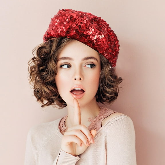 HONITANO 1Pcs Red Sequin Beret Hat Fashionable Polyester Round Disco Accessory for Women