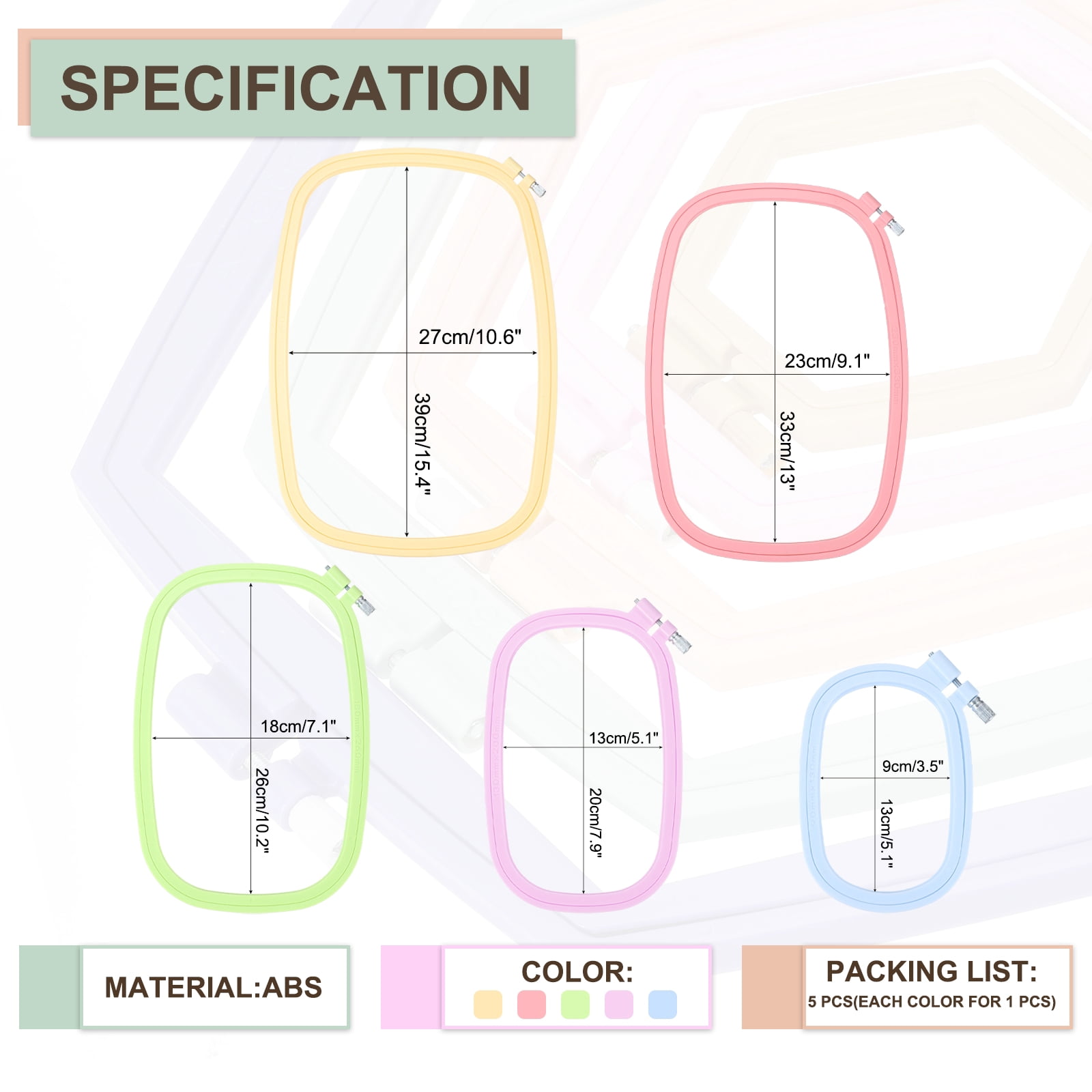 Uxcell 5 Pieces 5 Sizes Rectangle Embroidery Hoops, ABS Adjustable Cross Stitch Hoops, Multicolored