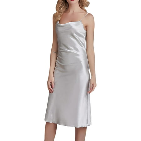 

VISgogo Women Night Dress Plain Color Low Cut Sling Backless Long Sleepwear Ladies Cozy Slim Slip Dress Nightwear