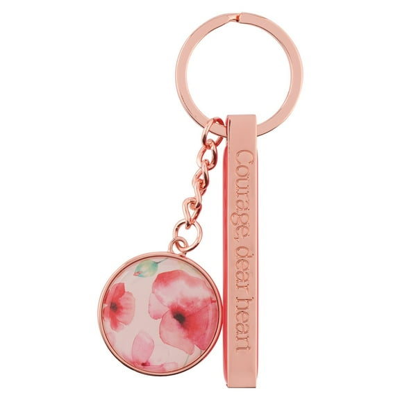Heartfelt Women's Keychain, Rose Gold Metal w/Floral Coral Poppies Pastel Watercolor Flower Art Design Courage Dear Heart Engraved Inspirational Quote Accessory for Her, Split Ring, Keepsake Tin