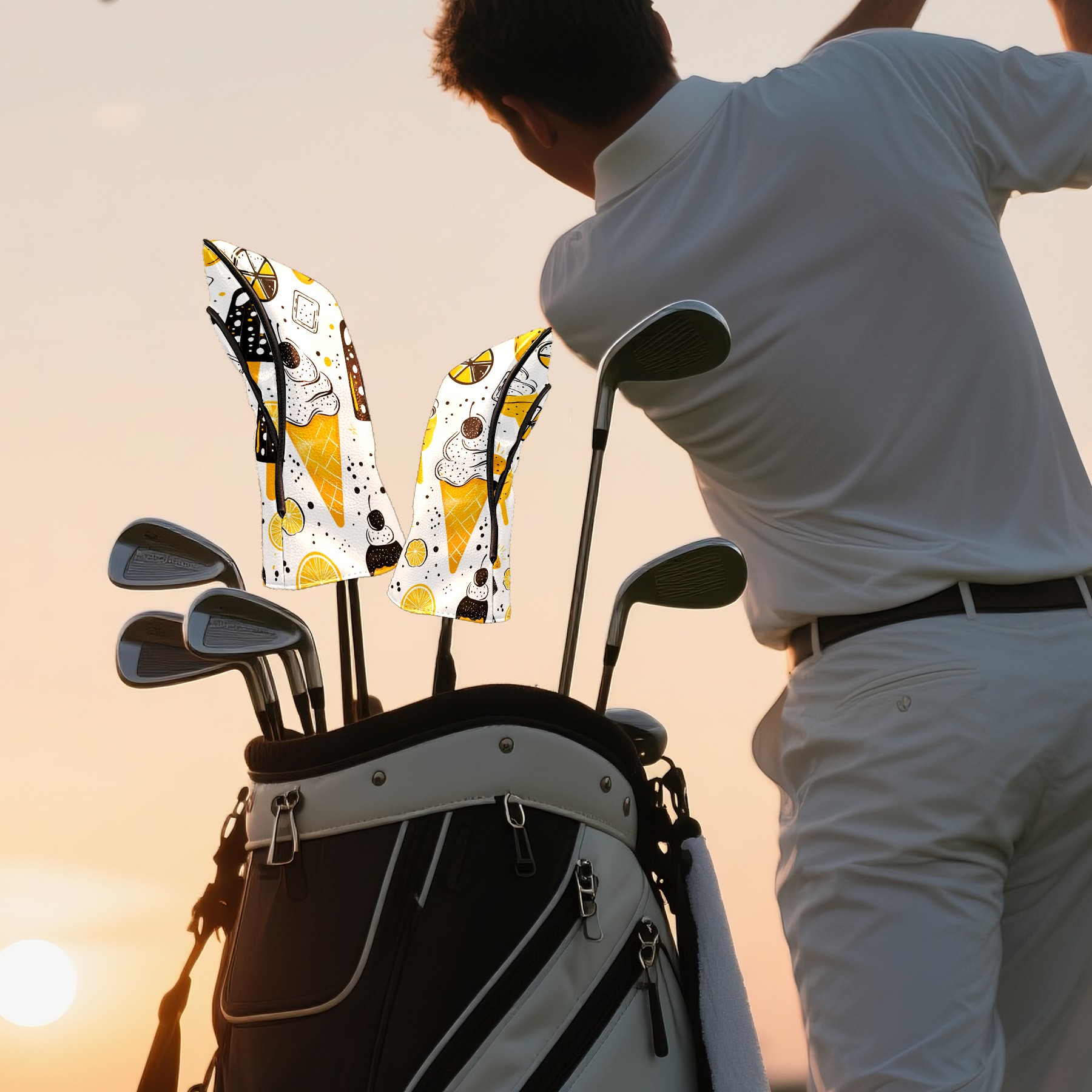 Golf Club Covers PU Leather Waterproof Head Covers for Fairway Woods Hybrids Ice Cream Pattern