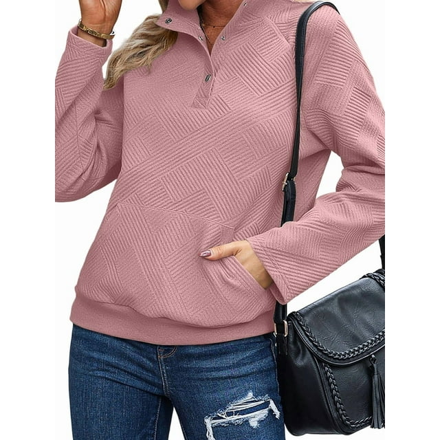 Womens Casual Textured Long Sleeve Henley Button V Neck Loose Pullover Trendy Fall Outfits Tops Pink L