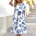 thumbnail image 6 of YueHuiYing Women's Summer Casual Blue-and-White Porcelain Print Short-Sleeve Round-Neck Knee-Length Dress, 6 of 7