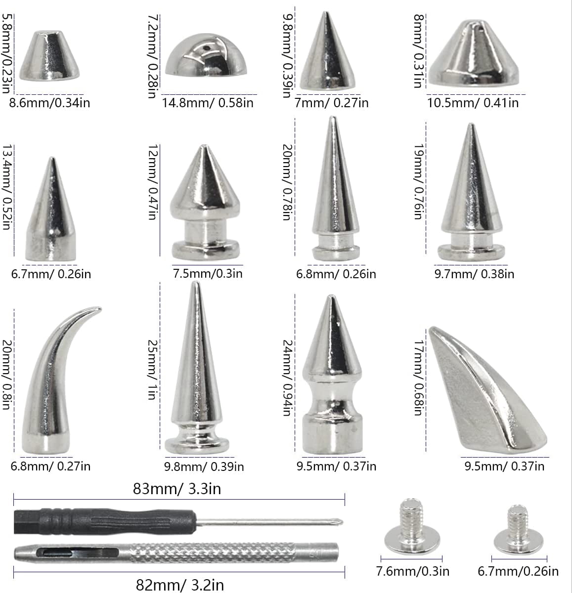 150 Set Punk Spike Rivets Kit, 13 Type Large Studs and Cone Spikes Screw Back Bullet Cone Studs with Install Tools for DIY Project, Necklace Jacket Vest Shoes Boot Leather Crafts (Silver)