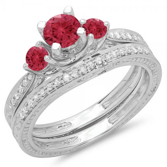 Dazzlingrock Collection 14K Round Ruby & White Diamond Vintage 3 Stone Bridal Engagement Ring Set, White Gold, Size 8