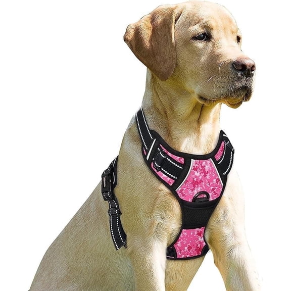BARKBAY No Pull Dog Harness for Large Dogs with 2 Metal Leash Clips Reflective and Easy Control Handle for Walking Training Running Pink Camo,M