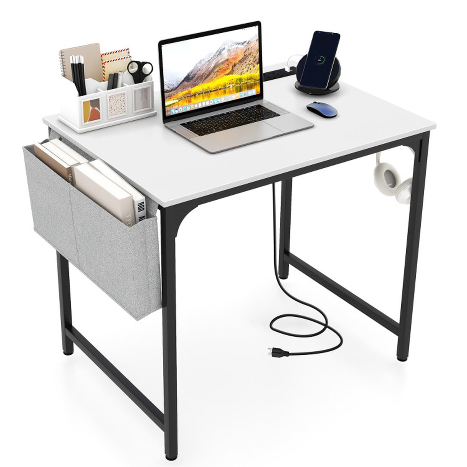 Furnibear 32 Inch Home Office Writing Desk with Charging Station Storage Bag and Headphone Hook - White