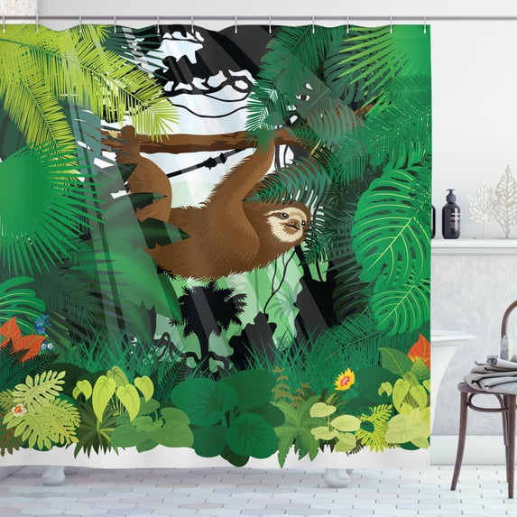 Ambesonne Sloth Shower Curtain, Vibrant Rainforest Plants, 69"Wx75"L, Green Brown
