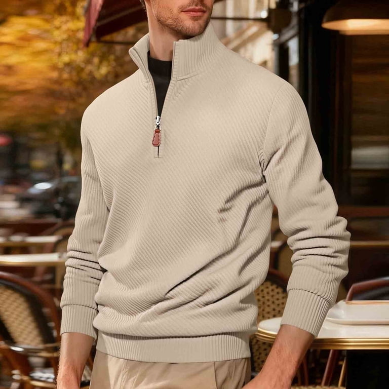 Men's Quarter Zip Pullover Sweater Long Sleeve Solid Color Casual