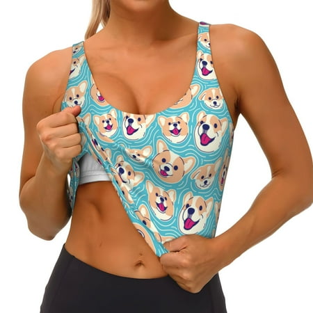 Qokaie Cute Corgi Head Pattern Womens Scoop Neck Sports Bra Breathable Workout Vest Padded U Back Medium Impact Fitness Gym Yoga Bra Workout Crop Top