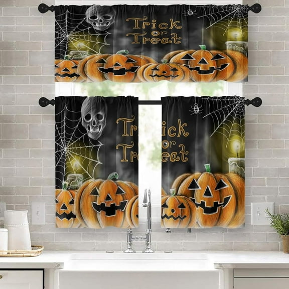 Halloween Pumpkin Spider Kitchen Curtains Window Curtains and Valances Set 36 Inch, Skull Spooky Chalkboard Short Tier Curtain for Kitchen, Halloween Small Kitchen Decor