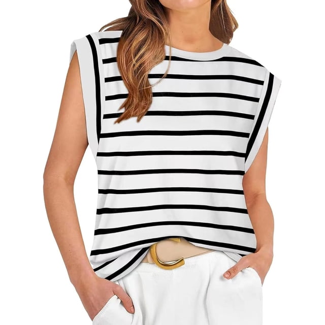Huggegwe Haut Femme Été 2024 Décontracté Col Rond Style Urbain Rayé CJB91-127401