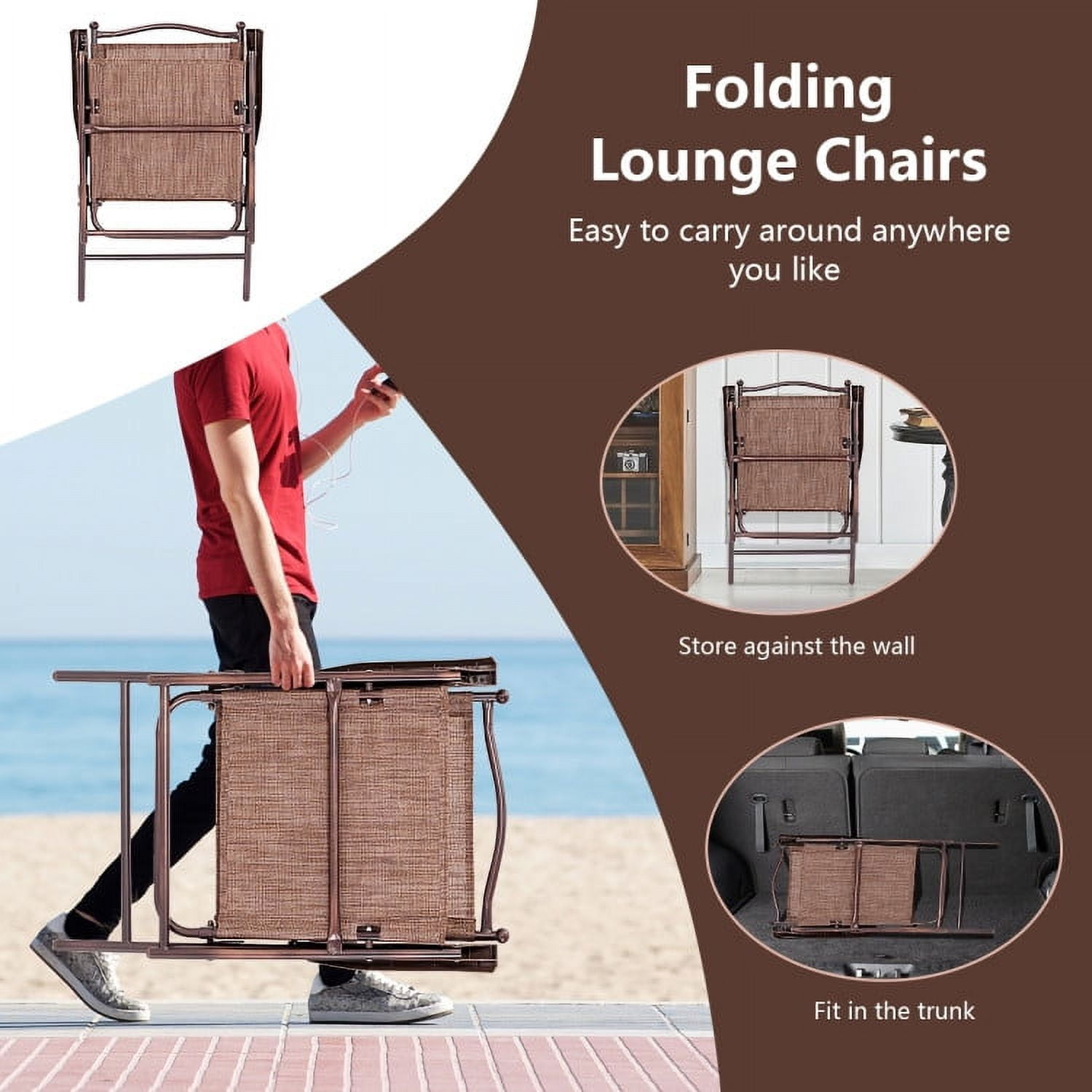 Aimee Lii Set of 2 Patio Folding Sling Back Camping Deck Chairs, Outdoor Patio Set, Brown