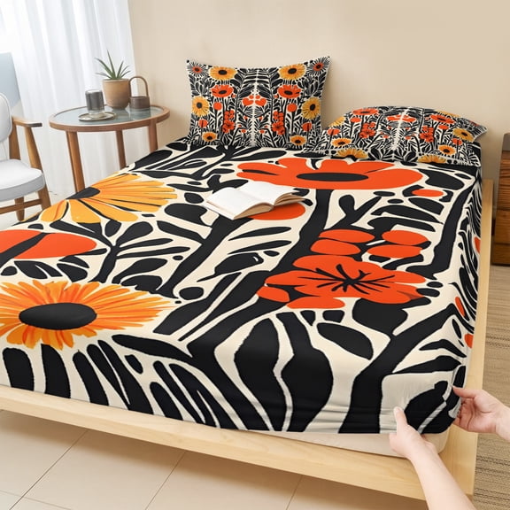 Cal.King Size Fitted Sheet Set - Orange Yellow Black 3 Piece Bedding Sets 16" Deep Pocket Fitted Sheet with 2 Pillowcases, Summer Leaf Botanical Tropical Brushed Microfiber Hotel Luxury Bed Sheets