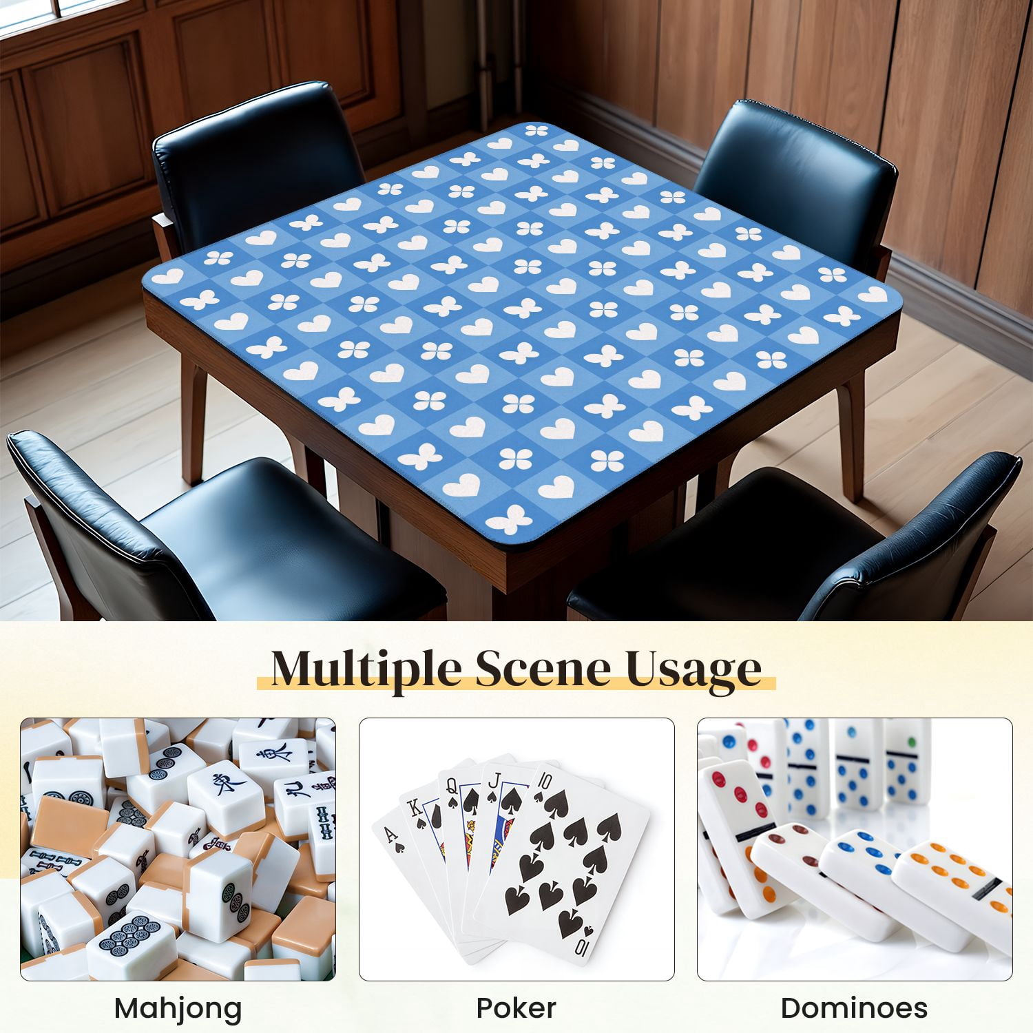 Mahjong Mat 31.5" x 31.5" Blue Gingham Heart Flower Motifs Non-Slip Noise Reduction Mahjong Tiles Table Cover for Dominoes Poker Card Board and Tile Games
