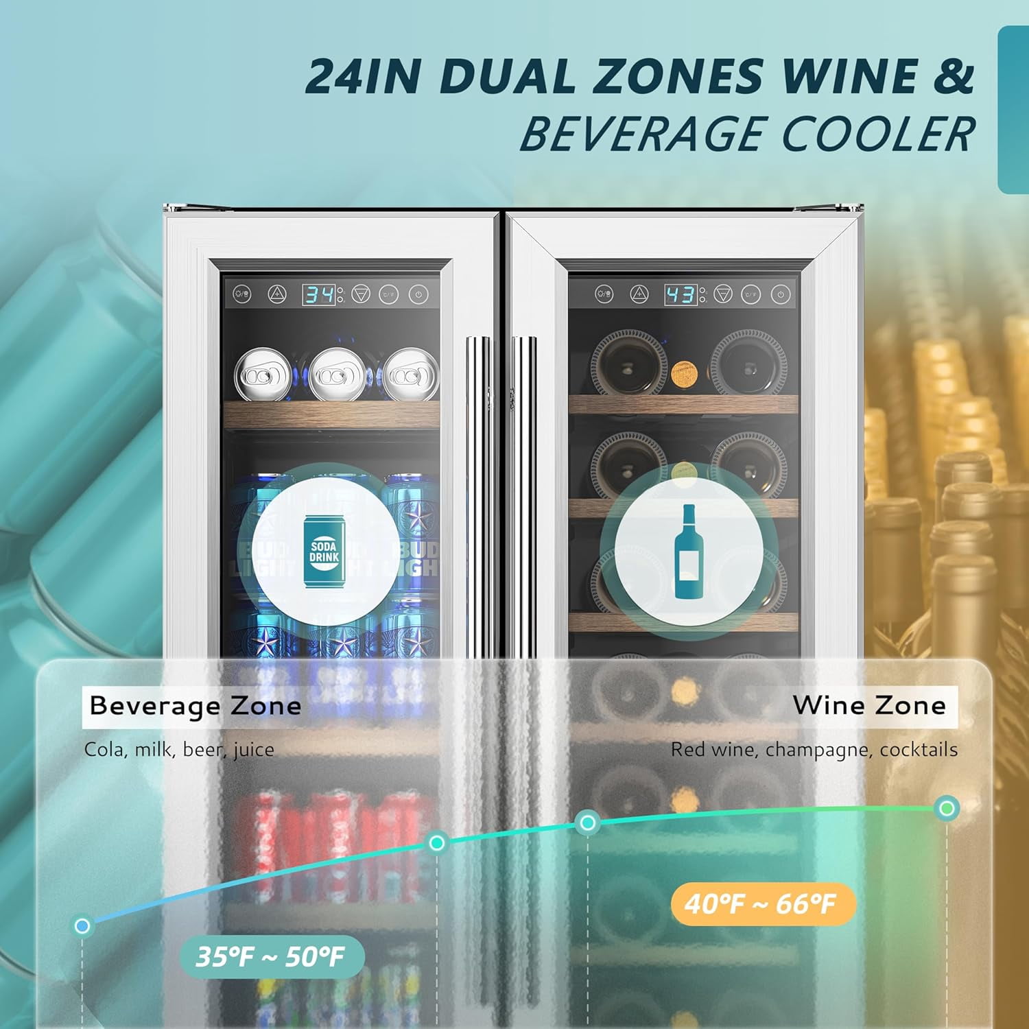 EUHOMY Wine and Beverage Refrigerator, 24 Inch Dual Zone Wine Cooler with Glass Door Hold 21 Bottles and 88 Cans, Built in or Under Counter Wine Fridge with Blue LED Light