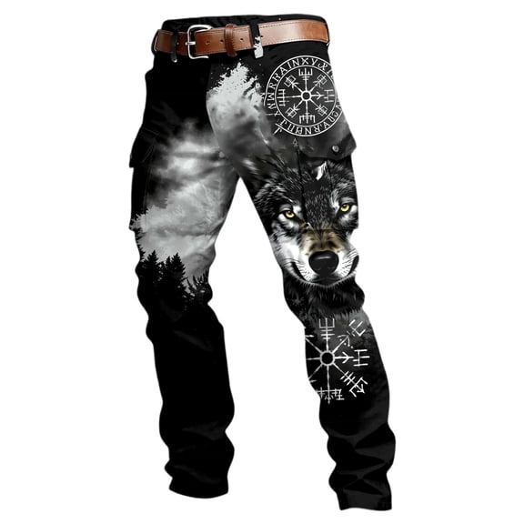 CONZONE Mens Baggy Cargo Pants Wide Leg Pants for Men Trendy Buttons Viking Mythology Graphic Y2K Soft Casual Joggers With Pocket