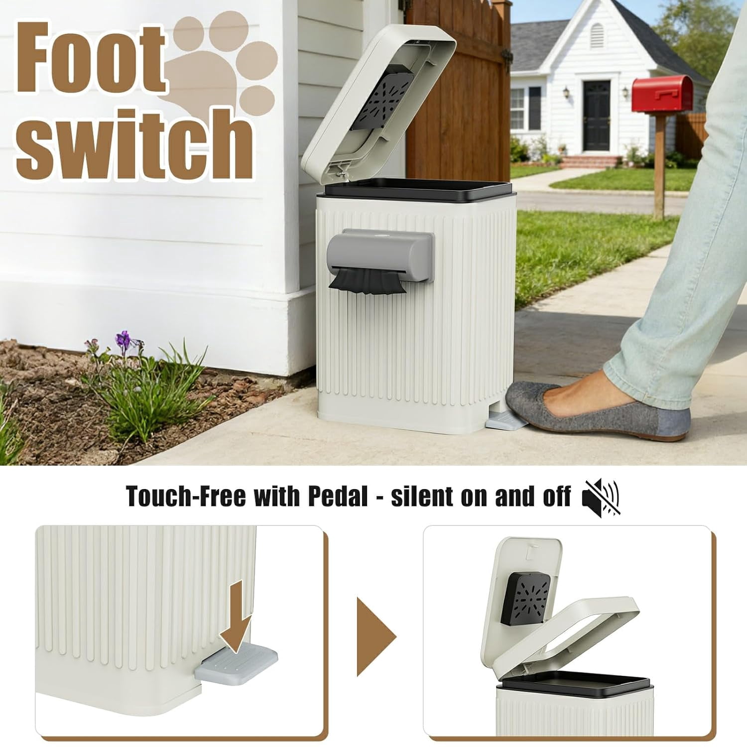 Dog Poop Trash Can for Outside & Indoor, 5L/1.3Gal Small Odor Control Pet Waste Bin with Carbon Filter, 2-Way Open (Step & Press Top), Dog Waste Container with Trash Bag Holder, White