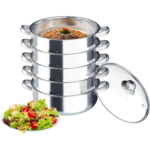 5 Tier Steamer Pot, 30cm Stainless Steel Steam Cooker with Glass Lid for Home Kitchen