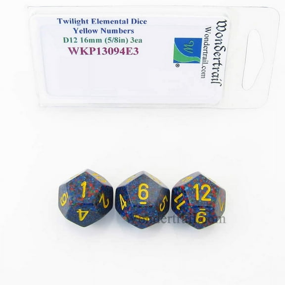 Twilight Elemental Dice with Yellow Numbers 16mm (5/8in) D12 Pack of 3 Wondertrail