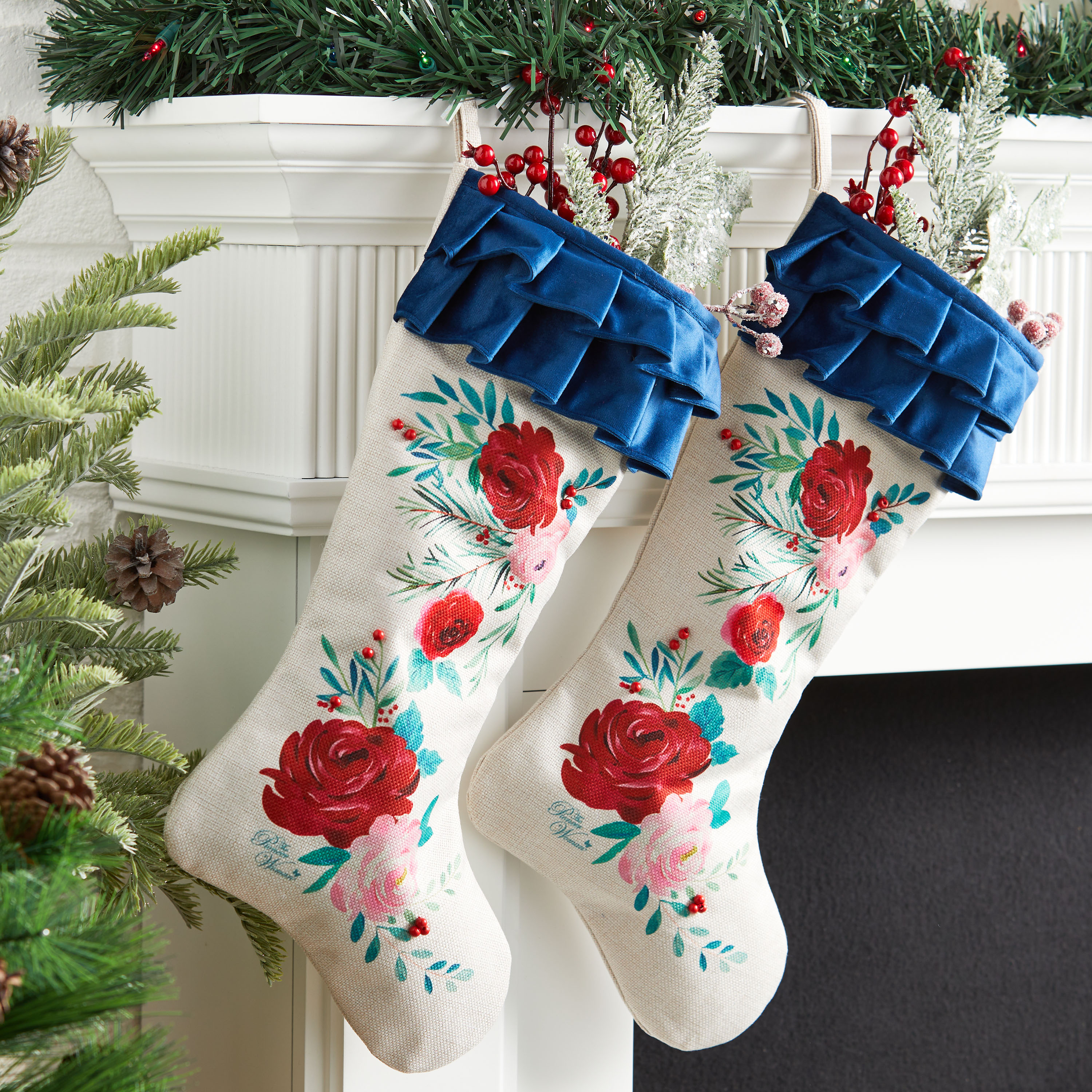The Pioneer Woman Set of 2 Red Roses Ruffle Christmas Stockings, 20" - image 2 of 9