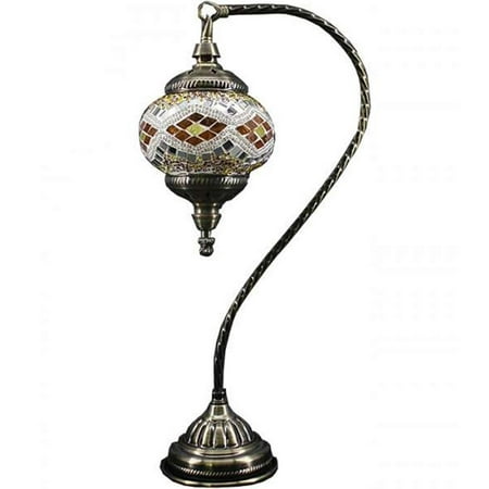 Bedside Table Lamp Light - Silver Fever Handcrafted Mosaic Turkish Lamp -Moroccan Glass - Table Desk Bedside Light- Bronze Base (Wave White Lattern)