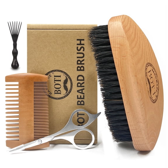 BOTI Beard Brush Set for Men - Natural Boar Bristle Brush & Stainless Steel Beard Comb, Combing Brush   Scissors - Great for Grooming Beards and Mustaches