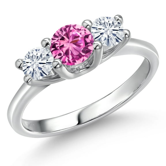 Gem Stone King 14K White Gold Pink Created Sapphire & White Moissanite 3-Stone Engagement Ring | 1.01 Cttw | Round 5MM and 4MM | Three Stone Wedding Anniversary Promise Ring for Women (Size 7)