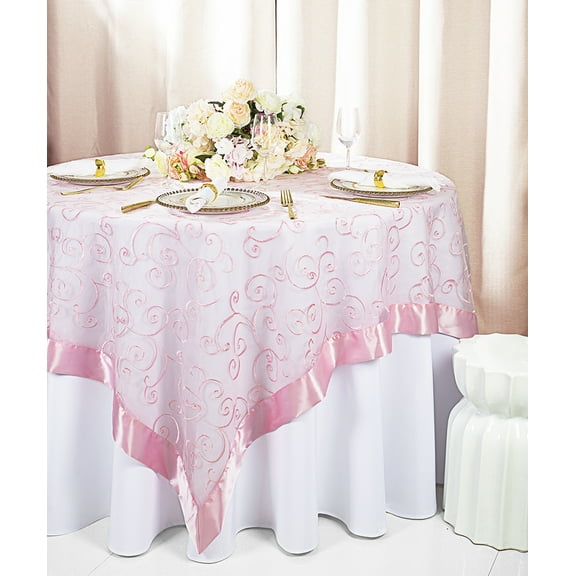 Wedding Linens Inc. 85"x85" Embroidered Organza Sheer Table Overlay Toppers - Pink