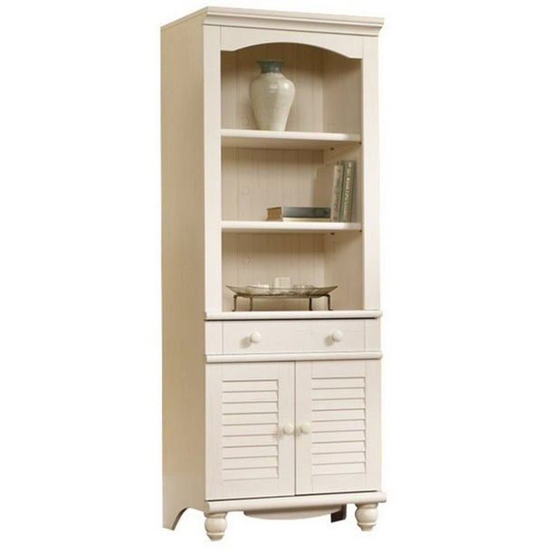Sauder Harbor View Library Bookcase with Doors, Antiqued White