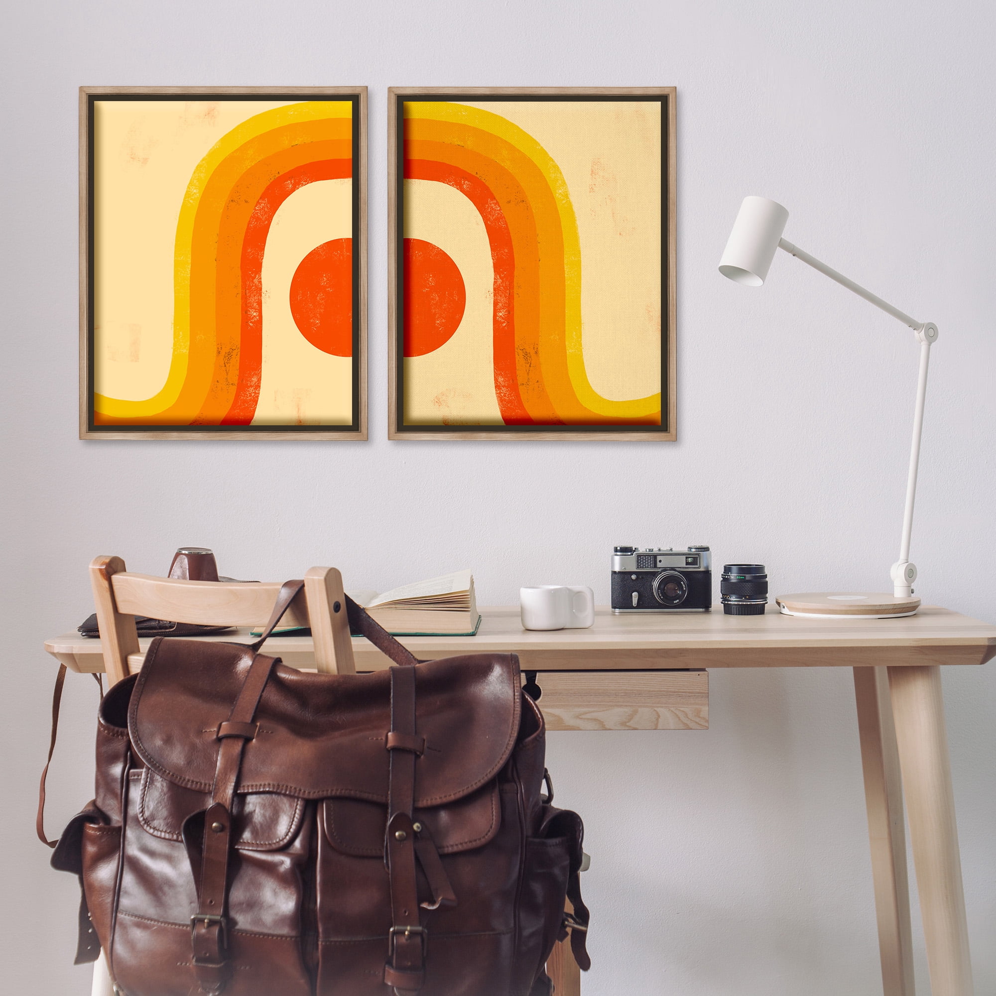Stupell Industries Sun Setting Under Warm Tone Rainbow Abstract Painting Brown Floater Framed Canvas Art Print Wall Art, 25 x 31, Set of 2