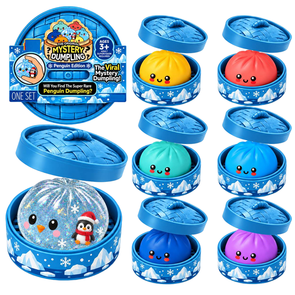Mystery Dumpling Squishy with Snowflake Steamer Basket Design and Glitter Penguin Edition, 3.35 Inches, Single Piece with Random Color, for Kids Ages 5 and Up, Squeeze Toy