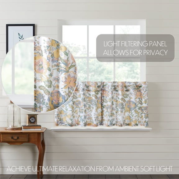 VHC Brands Wilder, Farmhouse Cafe Tier Curtain, Floral, Blue & Green, 24x36, Set of 2