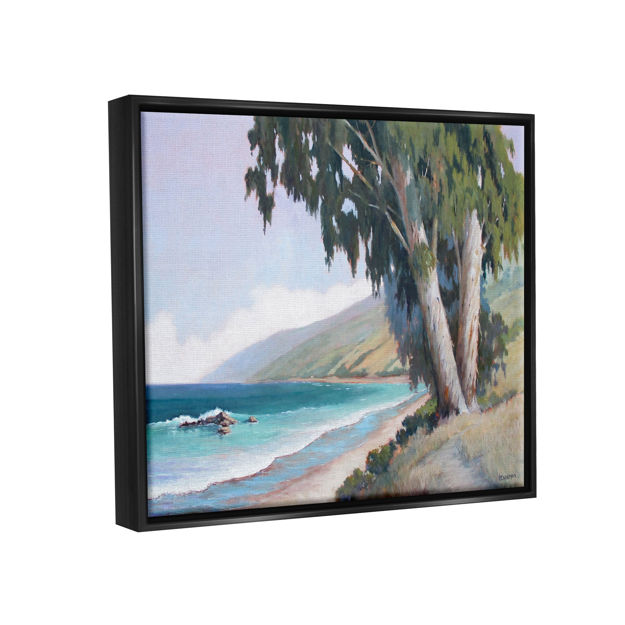 Stupell Seaside Vegetation Beach Waves Cove Landscape Painting Black Floater Framed Art Print Wall Art