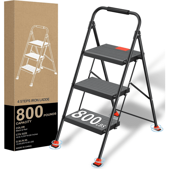 Step Ladder Foldable Folding Stool - for Home Adults Kitchen 3 Stepping Extension Tall Heavy Duty with Handrails - Closet Stepstool Stair Ladders Extendable Stepladder for Indoor House 800Lbs