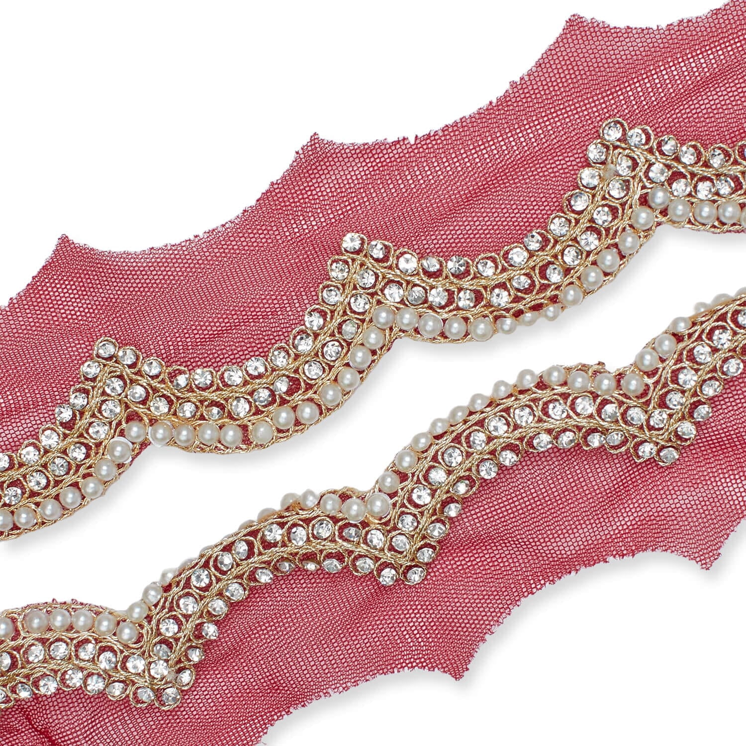 2 Inch Scalloped Regal Rhinestones Beads & Metallic Cording On Polyester Mesh Trim By The Yard For Sewing, Crafts, Decor, Or Upholstery - Burgundy (1 Yard)